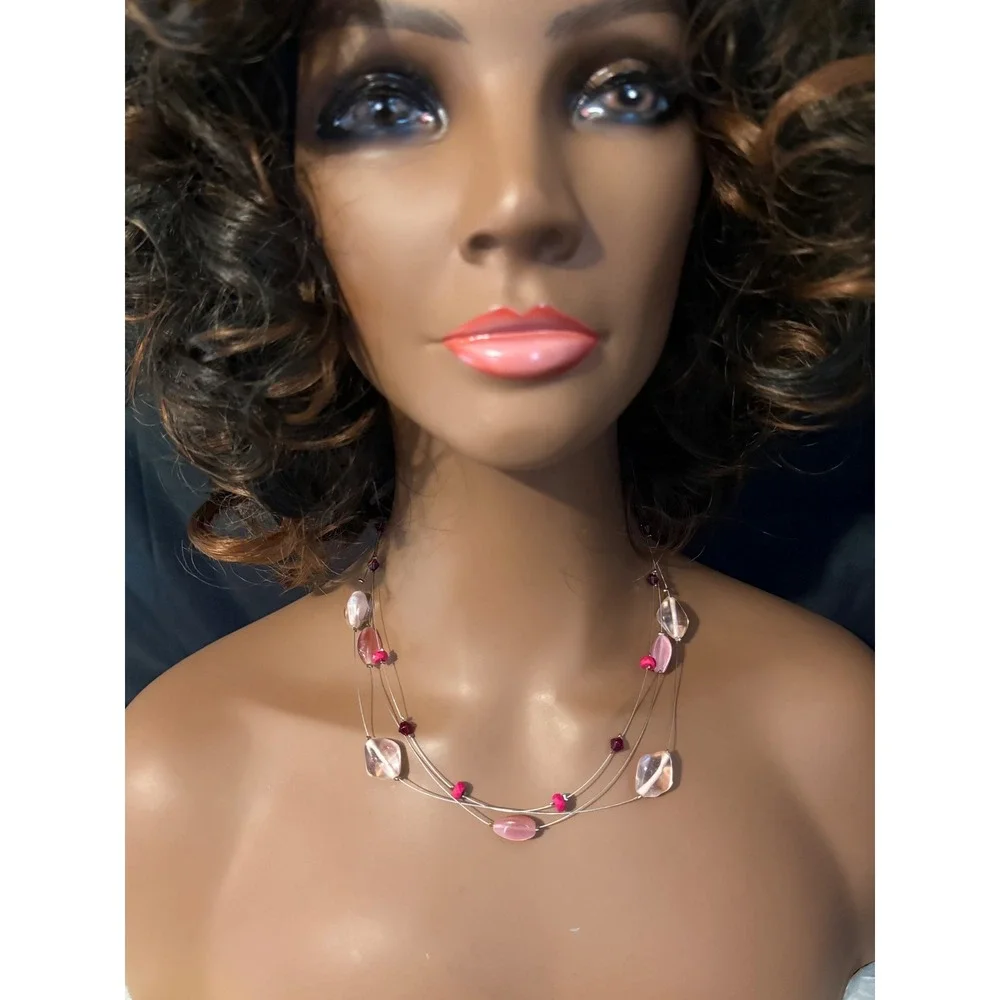 Lia Sophia Pink Burgundy Triple Strand Illusion Necklace Silver Tone 16-19 Inch